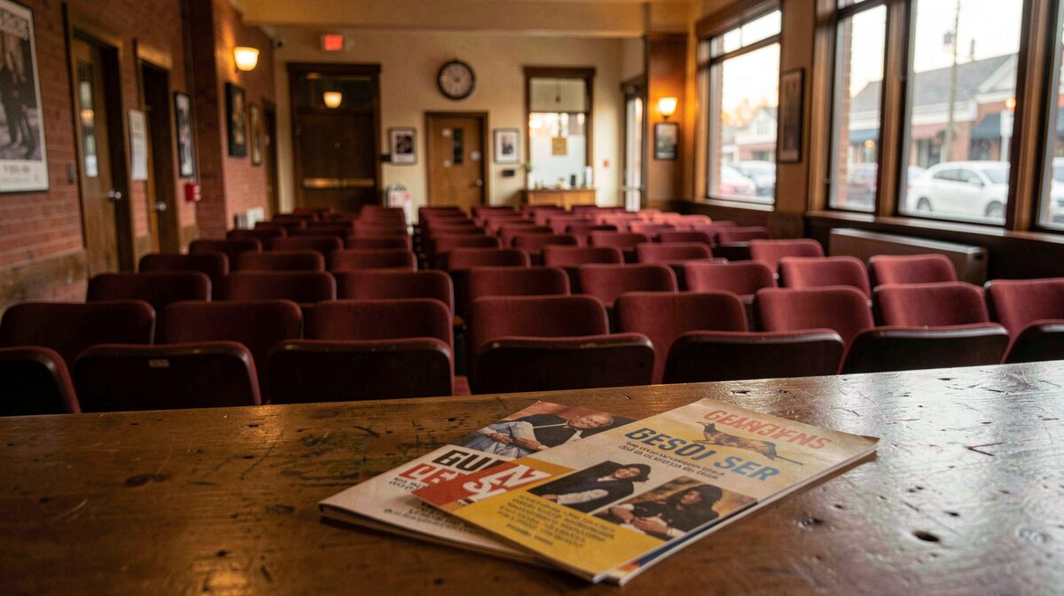 A small-town theater lobby before a show, framed from the ticket table toward empty rows of seats, warm evening light on a printed season brochure.