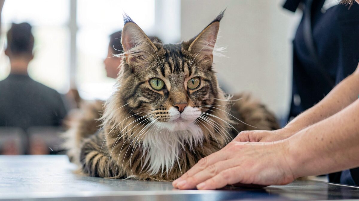 A Maine Coon cat with a square muzzle and tufted ears being examined by a judge's hands on a show table under bright ring lighting, close framing on head and chest.