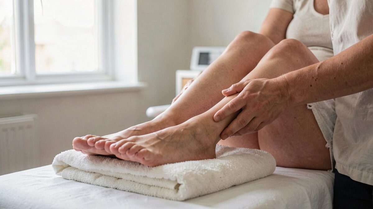 A calm treatment room in a London clinic, a pregnant woman's feet resting on a folded towel while a practitioner holds one foot, soft daylight from a side window, close framing on hands and feet.