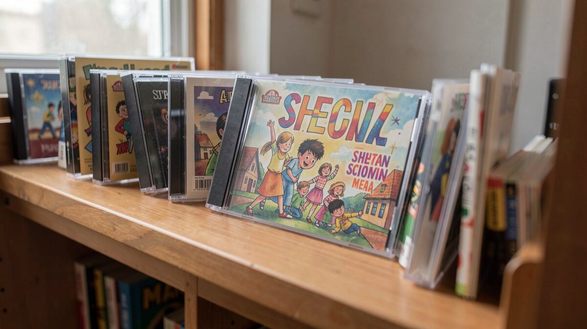 A shelf of CD jewel cases and printed play programs from a school theater troupe, photographed in soft afternoon window light with a shallow depth of field focusing on one illustrated program cover.