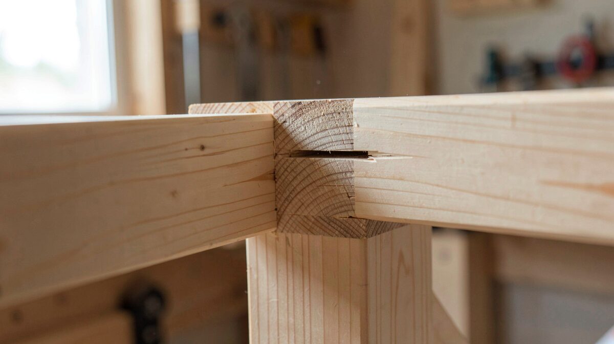 Close-up of a traditional mortise-and-tenon timber joint in pale hinoki wood, workshop light from the left, shallow depth of field showing chisel marks.